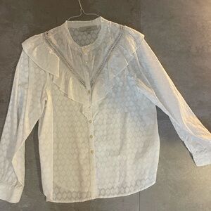 LOFT Ivory Ruffled Button-Up Blouse